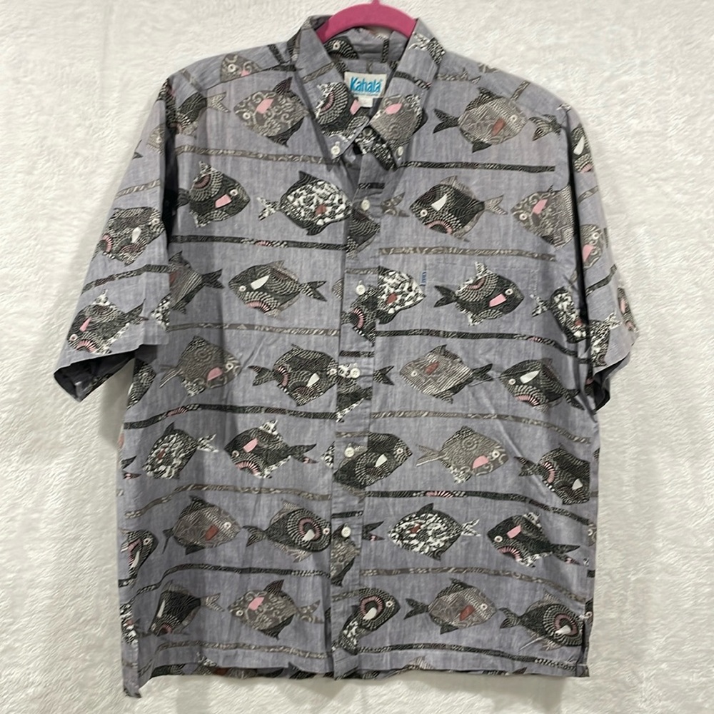Kahala Men's Aloha Hawaiian Shirt Size L Fish Print Blue Island Hawaii Beach